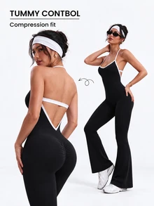 Easithlete Women's Casual Colorblock Halter Neck Sports Jumpsuit With Flare Leg - Black - View 1