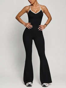 Easithlete Women's Casual Colorblock Halter Neck Sports Jumpsuit With Flare Leg - Black - View 2
