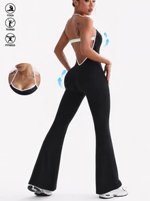 Easithlete Women's Casual Colorblock Halter Neck Sports Jumpsuit With Flare Leg - Black - View 5