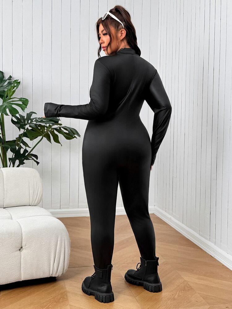 SHEIN EZwear 大尺碼女款素色休閒日常長袖連身褲 秋季 - 黑色 - 查看 2