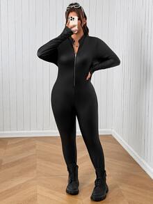 SHEIN EZwear Plus Size Women's Solid Color Casual Daily Long Sleeve Jumpsuit Fall - Black - View 4