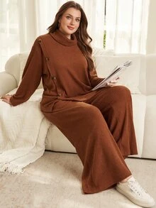 EMERY ROSE Women's Plus Size Vintage Button Decor Autumn/Winter Set Autumn Clothes For Women Winter Clothes Women Fall/Winter Sets Fall Winter 2026 - Redwood - View 8