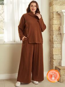 EMERY ROSE Women's Plus Size Vintage Button Decor Autumn/Winter Set Autumn Clothes For Women Winter Clothes Women Fall/Winter Sets Fall Winter 2026 - Redwood - View 9