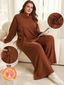 EMERY ROSE Women's Plus Size Vintage Button Decor Autumn/Winter Set Autumn Clothes For Women Winter Clothes Women Fall/Winter Sets Fall Winter 2026 - Redwood - View 2