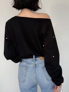 FRIFUL Sweatshirt Wanita Model Korea Terbaru dengan Hiasan Manik-Manik, Leher Asimetris, dan Potongan Longgar, Cocok untuk Awal Musim Gugur. - Khaki - View 3