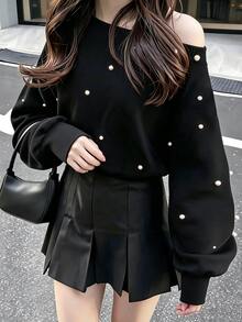FRIFUL Sweatshirt Wanita Model Korea Terbaru dengan Hiasan Manik-Manik, Leher Asimetris, dan Potongan Longgar, Cocok untuk Awal Musim Gugur. - Khaki - View 2
