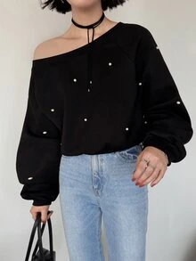 FRIFUL Sweatshirt Wanita Model Korea Terbaru dengan Hiasan Manik-Manik, Leher Asimetris, dan Potongan Longgar, Cocok untuk Awal Musim Gugur. - Khaki - View 5