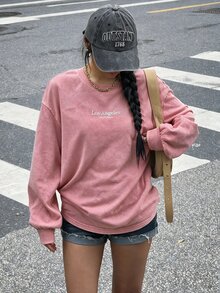 Muchica 大尺碼女款灰粉色字母刺繡落肩長袖休閒衛衣，適合正式約會之夜與辦公室，秋季穿搭 - 藕粉色 - 查看 4