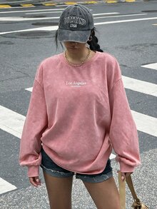 Muchica 大尺碼女款灰粉色字母刺繡落肩長袖休閒衛衣，適合正式約會之夜與辦公室，秋季穿搭 - 藕粉色 - 查看 5