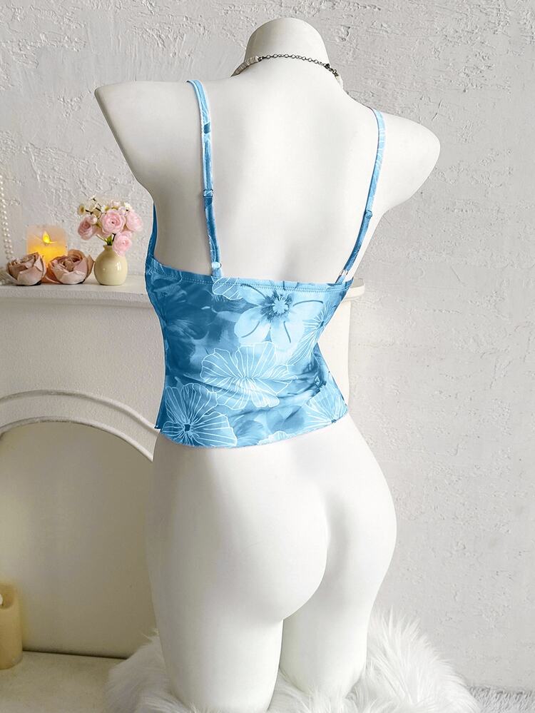 Sweetina Women's Pink Floral Print Ruffle Hem V-Neck Casual Camisole Top Blue - Baby Blue - View 5