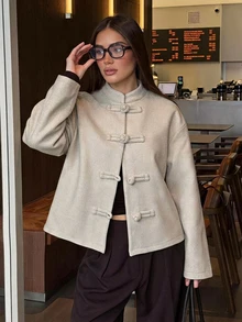 Siren Gaze New Autumn/Winter New Chinese Style Overcoat For Women Dinner Everyday Beige Elegant - Apricot - View 7