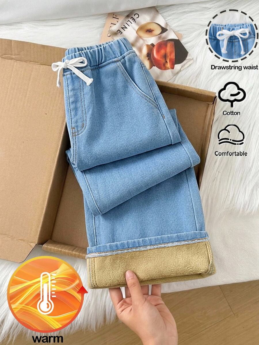 女童秋冬基礎款柔軟保暖抽繩腰藍色丹寧刷毛內裡寬鬆牛仔褲,日常穿著保暖牛仔褲 - 淺色水洗藍 - 查看 1