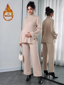 Momance طقم كنزة للحوامل بقصة فضفاضة وياقة نصف عالية وأكمام جرس وفتحة في الحافة السفلية مع بنطال بخصر قابل للتعديل، أزرق فاتح، رسمي لجلسات التصوير، خريف - كاكي - مشاهدة 9