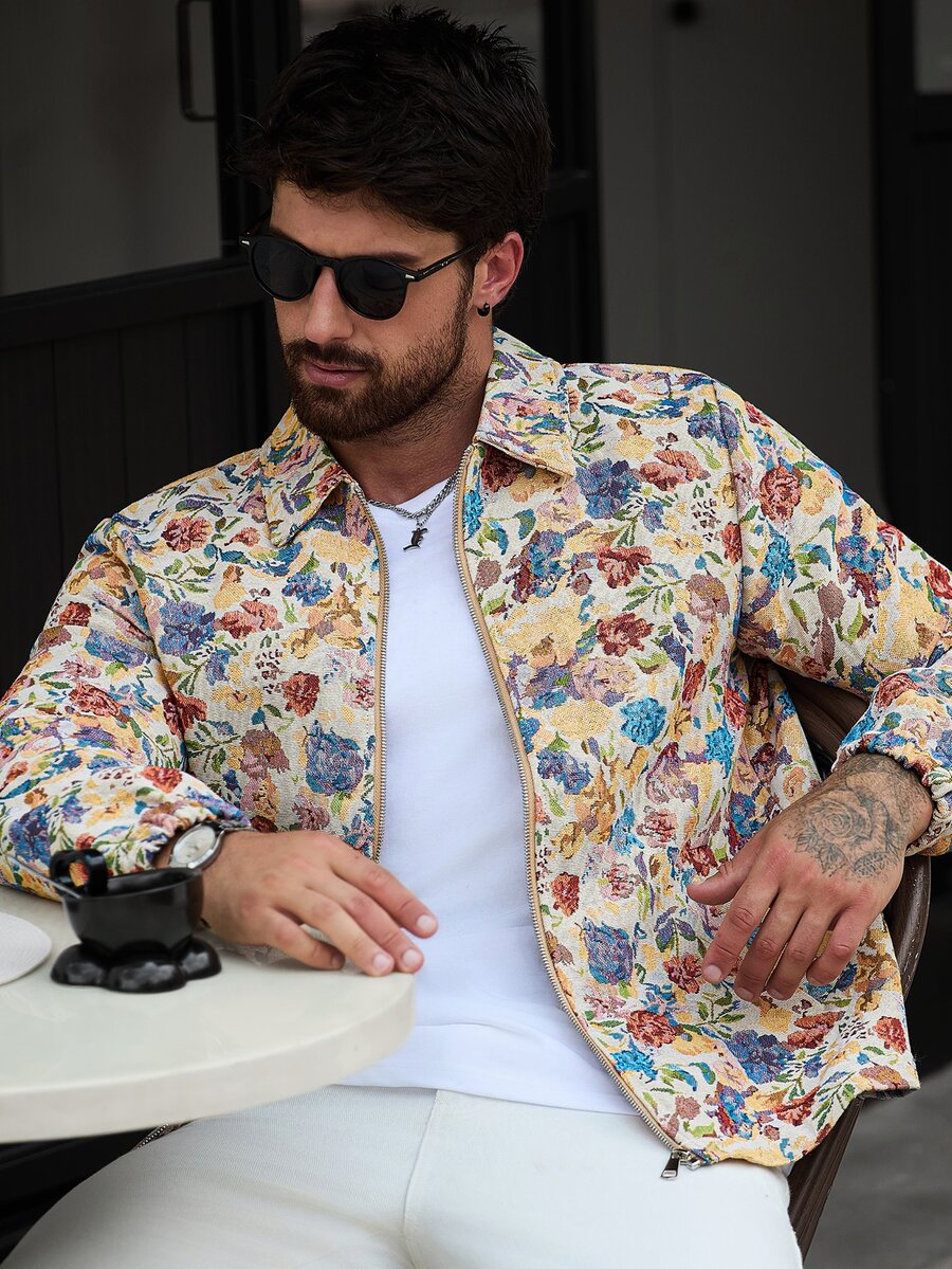 Manfinity CasualCool Jaket Jacquard Bermotif Vintage Kasual Gaya Jalanan Musim Gugur untuk Pria Warna Beige - MultiWarna - View 1