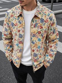 Manfinity CasualCool Jaket Jacquard Bermotif Vintage Kasual Gaya Jalanan Musim Gugur untuk Pria Warna Beige - MultiWarna - View 8