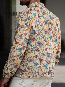Manfinity CasualCool Jaket Jacquard Bermotif Vintage Kasual Gaya Jalanan Musim Gugur untuk Pria Warna Beige - MultiWarna - View 2