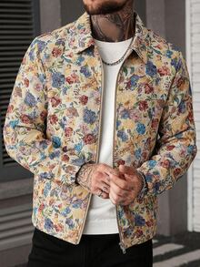 Manfinity CasualCool Jaket Jacquard Bermotif Vintage Kasual Gaya Jalanan Musim Gugur untuk Pria Warna Beige - MultiWarna - View 9