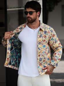 Manfinity CasualCool Jaket Jacquard Bermotif Vintage Kasual Gaya Jalanan Musim Gugur untuk Pria Warna Beige - MultiWarna - View 7