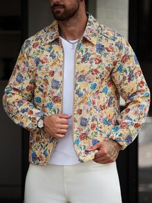 Manfinity CasualCool Jaket Jacquard Bermotif Vintage Kasual Gaya Jalanan Musim Gugur untuk Pria Warna Beige - MultiWarna - View 4