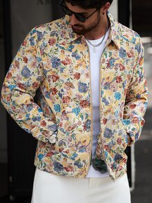 Manfinity CasualCool Jaket Jacquard Bermotif Vintage Kasual Gaya Jalanan Musim Gugur untuk Pria Warna Beige - MultiWarna - View 3