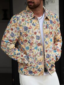 Manfinity CasualCool Jaket Jacquard Bermotif Vintage Kasual Gaya Jalanan Musim Gugur untuk Pria Warna Beige - MultiWarna - View 6