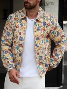 Manfinity CasualCool Jaket Jacquard Bermotif Vintage Kasual Gaya Jalanan Musim Gugur untuk Pria Warna Beige - MultiWarna - View 5