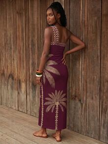 CAJUNI Vacation Casual Coconut Tree Print One Shoulder Dress - Burgundy - View 2