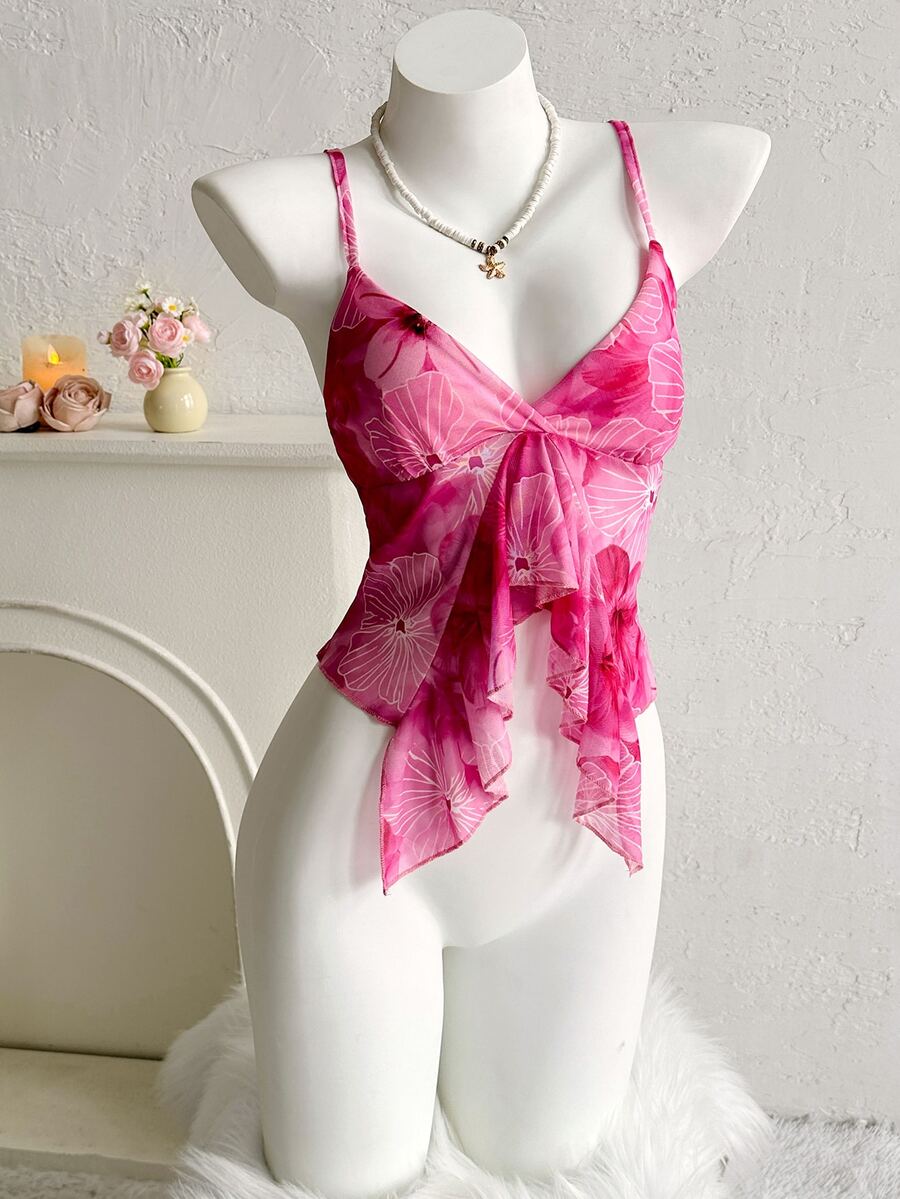 Sweetina Atasan Cami Wanita Motif Bunga Merah Muda dengan Hem Berkerut dan Leher V untuk Liburan, Model Kasual. - MultiWarna - View 1