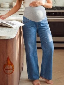 SHEIN Maternity Casual Washed Wide Leg Denim Jeans - Medium Wash - View 10