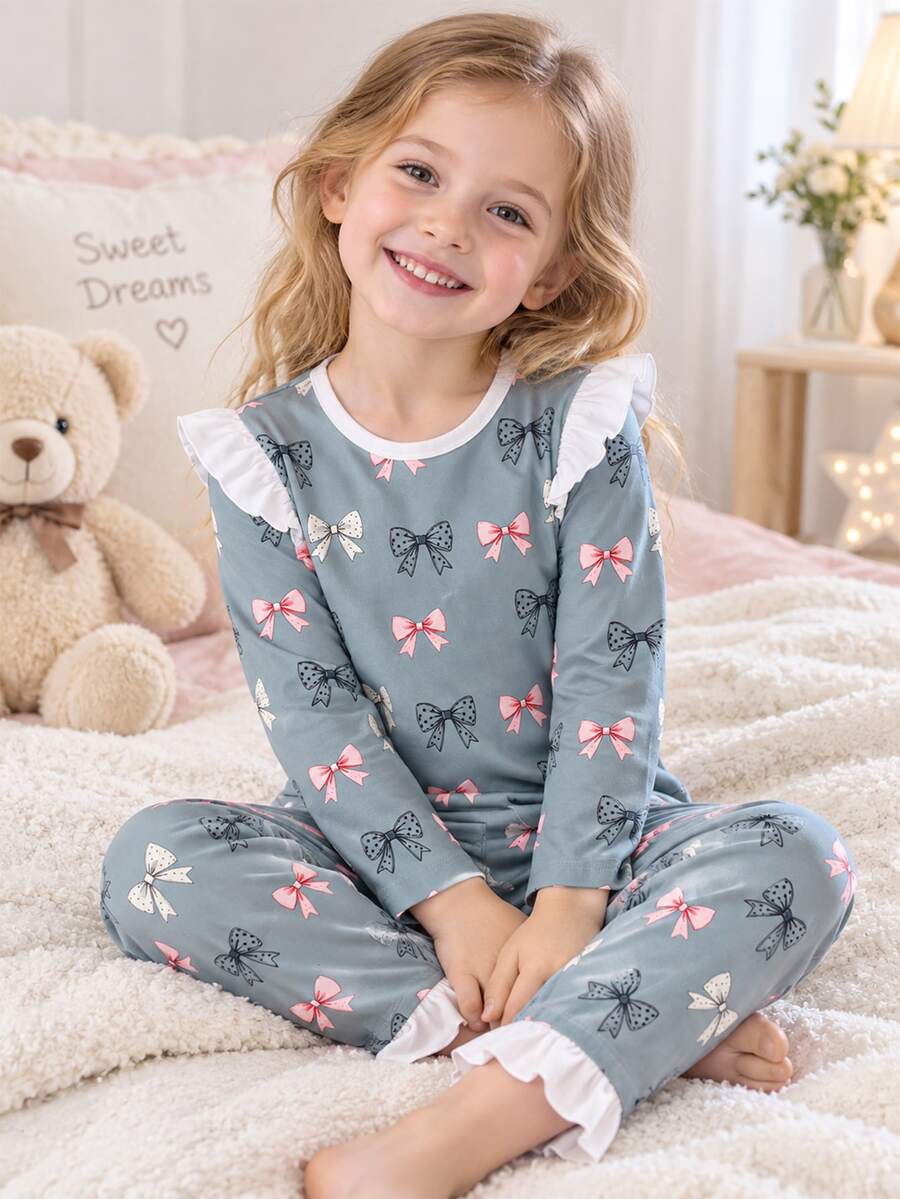 1 Set Girls' Long Sleeve Long Pants Light Green Cute Pink Pale Green Bow Full Print Pattern Loungewear, Best Gift For Girls, Home Wear, Versatile Fashion, Best Choice - Green - View 1