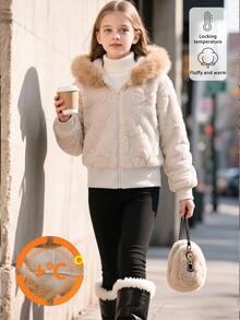 SHEIN Sparklyn 女童時尚連帽米白色愛心提花雙面抓絨長袖短版外套，適合秋冬春季派對、學校、運動穿著 - 卡其色 - 查看 5