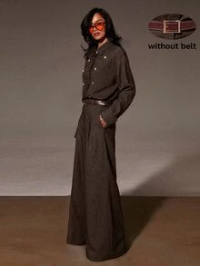 Athîral Women's Casual Lapel Napoleon Decorative Button Coffee Color Wide Leg Jumpsuit, Suitable For Dating, Gathering And Daily Wear - Coffee Brown - View 1