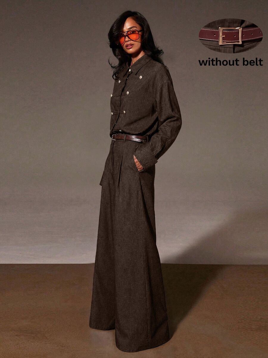 Athîral Women's Casual Lapel Napoleon Decorative Button Coffee Color Wide Leg Jumpsuit, Suitable For Dating, Gathering And Daily Wear - Coffee Brown - View 1