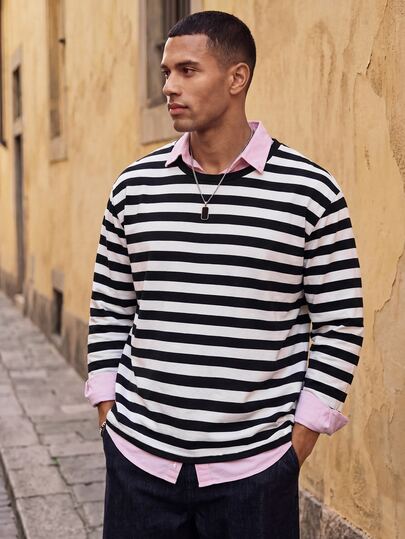 Ocevento Men Round Neck Color Block Striped Long Sleeve Tee, Fashion, Boyfriend Gift, For Going Out, Summer, For Fall, Couple Things
