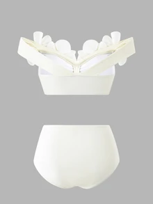 Bonvoyette 女款夏季海灘度假 3D 花卉裝飾單肩比基尼套裝，優雅白色三件式泳衣套裝 - 白色 - 查看 8