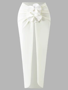 Bonvoyette 女款夏季海灘度假 3D 花卉裝飾單肩比基尼套裝，優雅白色三件式泳衣套裝 - 白色 - 查看 7
