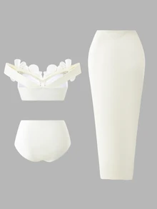 Bonvoyette 女款夏季海灘度假 3D 花卉裝飾單肩比基尼套裝，優雅白色三件式泳衣套裝 - 白色 - 查看 2