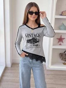 Sparklyn T-shirt för tweenflickor, höst/vinter, ny amerikansk stil, lång ärm, casual, mångsidig, slim fit, patchwork, print, spetskant, kontrasterande färg - Grå - Visa 8
