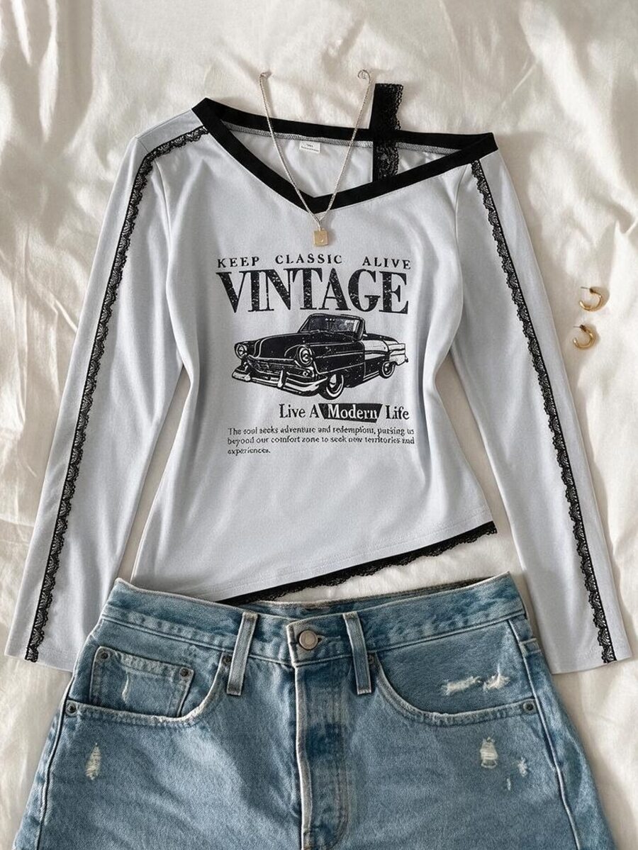 Sparklyn T-shirt för tweenflickor, höst/vinter, ny amerikansk stil, lång ärm, casual, mångsidig, slim fit, patchwork, print, spetskant, kontrasterande färg - Grå - Visa 1