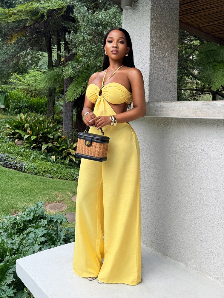 BamGleam Women's Light Yellow Summer Jumpsuit Backless Halter One Piece Outfit Vacation Outfits Boho Tropical Knitted Fabric Wide Leg Pants Suit Holiday Party - Mustard Yellow - View 4