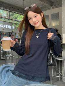 Dazy Kids 拼接休閒直筒版型圖案印花青少年女孩T恤上衣 - 藏蓝色 - 查看 9