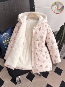 SHEIN Elladie kids 女童收腰連帽棉質加厚保暖內裡拉鍊夾克，仿抽繩修身設計 - 彩色 - 查看 5