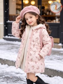 SHEIN Elladie kids 女童收腰連帽棉質加厚保暖內裡拉鍊夾克，仿抽繩修身設計 - 彩色 - 查看 6