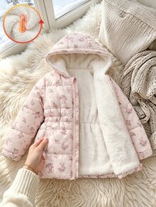 SHEIN Elladie kids 女童收腰連帽棉質加厚保暖內裡拉鍊夾克，仿抽繩修身設計 - 彩色 - 查看 4