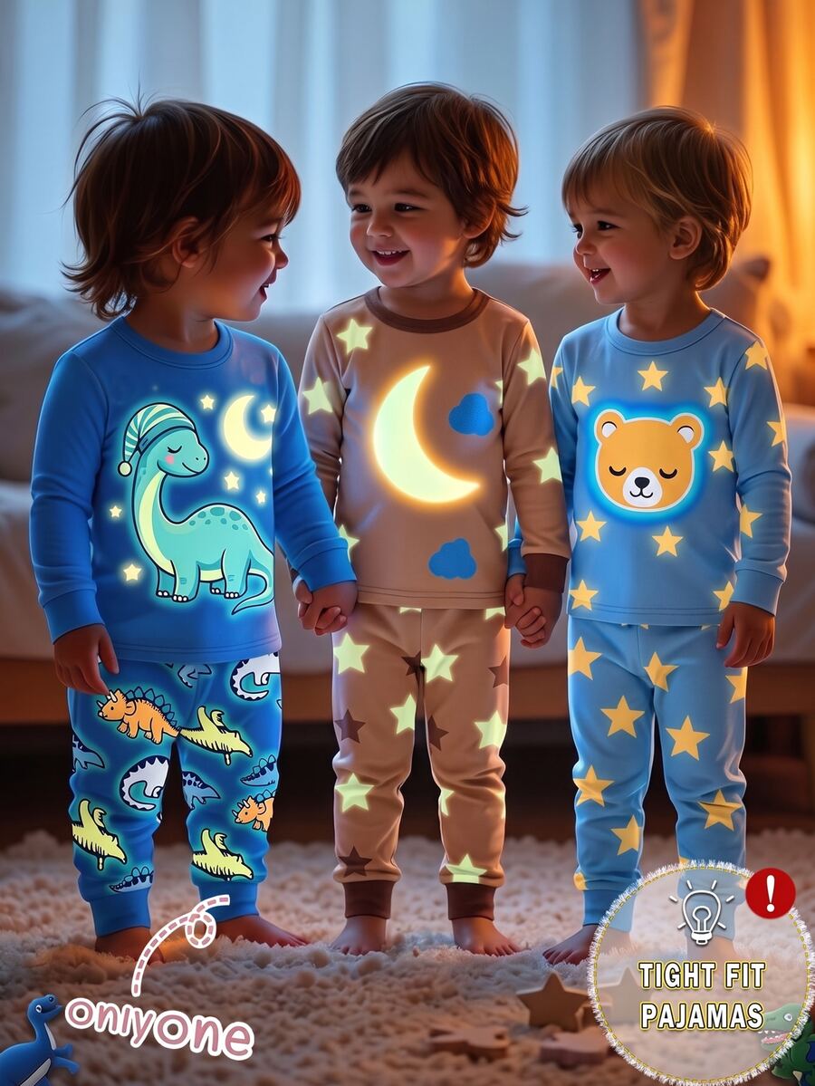 2pcs/Set Boys Cute Cartoon Dinosaur Print Pattern, Pants With All-Over Dinosaur Print, Glow-In-The-Dark With UV Light, Tight-Fitting Home Long Sleeve Long Pants Set, Playful And Cute, Round Neck Design, Elastic Waistband For Easy On And Off, Home Leisure, Daily Outings, Walking And Playing, Spring And Autumn Snug Fit