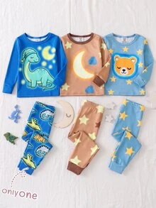 2pcs/Set Boys Cute Cartoon Dinosaur Print Pattern, Pants With All-Over Dinosaur Print, Glow-In-The-Dark With UV Light, Tight-Fitting Home Long Sleeve Long Pants Set, Playful And Cute, Round Neck Design, Elastic Waistband For Easy On And Off, Home Leisure, Daily Outings, Walking And Playing, Spring And Autumn Snug Fit - Blue - View 8