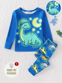 2pcs/Set Boys Cute Cartoon Dinosaur Print Pattern, Pants With All-Over Dinosaur Print, Glow-In-The-Dark With UV Light, Tight-Fitting Home Long Sleeve Long Pants Set, Playful And Cute, Round Neck Design, Elastic Waistband For Easy On And Off, Home Leisure, Daily Outings, Walking And Playing, Spring And Autumn Snug Fit - Blue - View 4