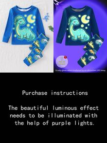 2pcs/Set Boys Cute Cartoon Dinosaur Print Pattern, Pants With All-Over Dinosaur Print, Glow-In-The-Dark With UV Light, Tight-Fitting Home Long Sleeve Long Pants Set, Playful And Cute, Round Neck Design, Elastic Waistband For Easy On And Off, Home Leisure, Daily Outings, Walking And Playing, Spring And Autumn Snug Fit - Blue - View 7