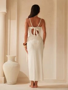 Sirith Women's White Summer Tropical Holiday Vacation Holiday Spaghetti Strap Beaded Textured Wavy Backless High Cut One Piece Swimsuit Set With Slit Skirt - Beige - View 4
