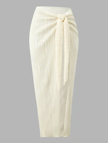 Sirith Women's White Summer Tropical Holiday Vacation Holiday Spaghetti Strap Beaded Textured Wavy Backless High Cut One Piece Swimsuit Set With Slit Skirt - Beige - View 11